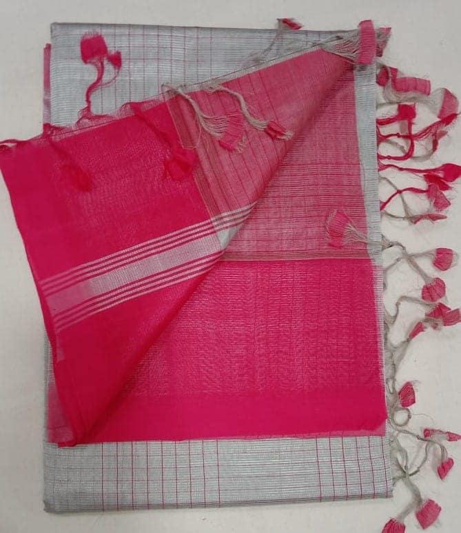 Pink and Silver Tissue Linen Saree With Blouse Piece view 2
