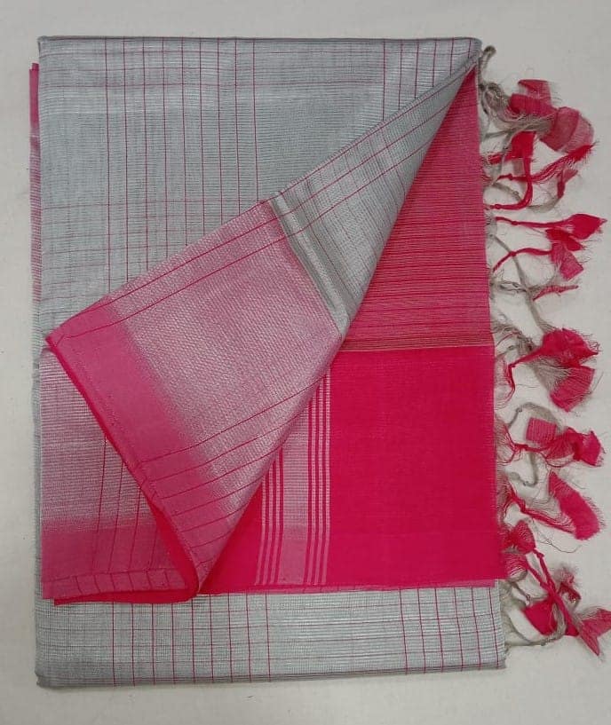Pink and Silver Tissue Linen Saree With Blouse Piece view 3