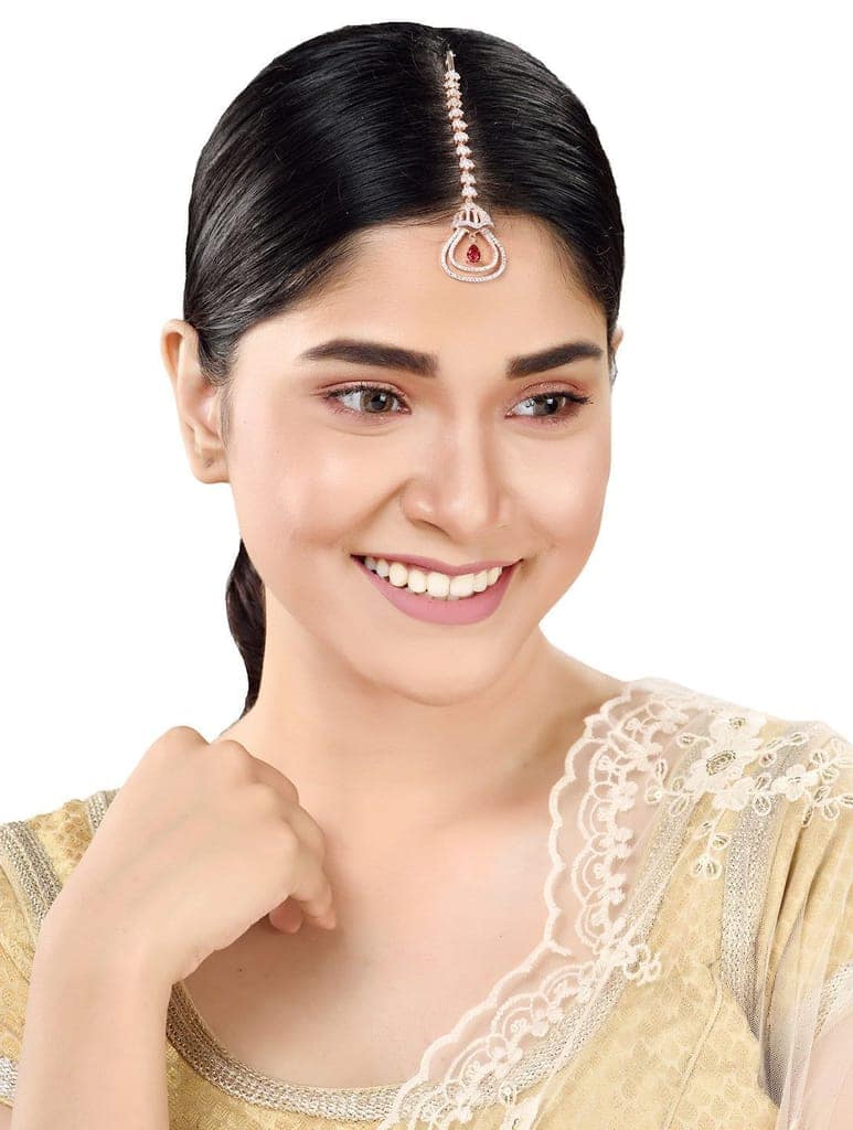 Rose Gold plated Ruby AD studded Bell shaped Handcrafted Maang Tika