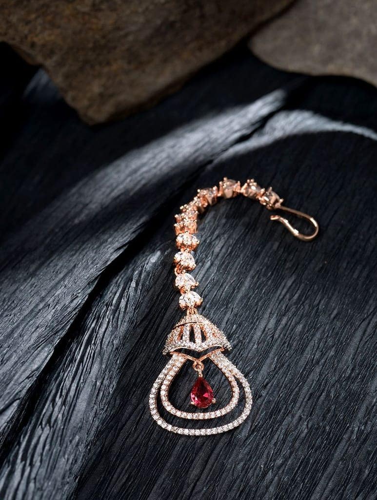 Rose Gold plated Ruby AD studded Bell shaped Handcrafted Maang Tika view 2