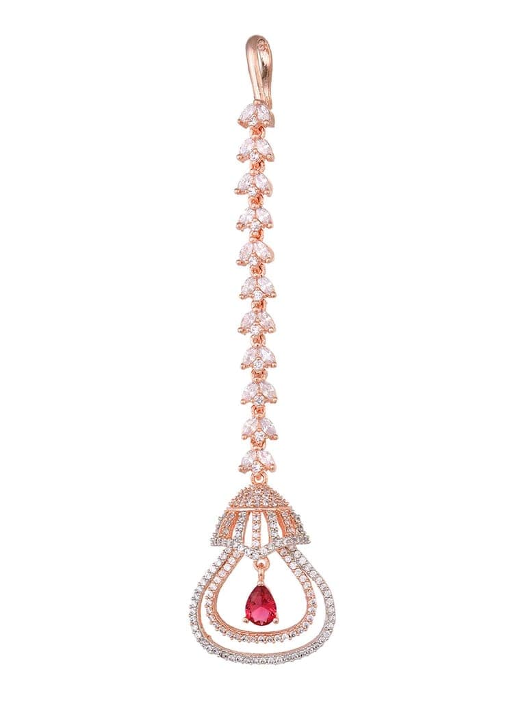 Rose Gold plated Ruby AD studded Bell shaped Handcrafted Maang Tika view 3