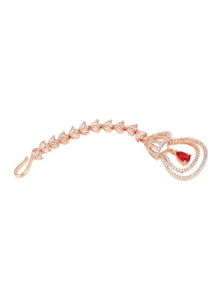 Rose Gold plated Ruby AD studded Bell shaped Handcrafted Maang Tika view 4