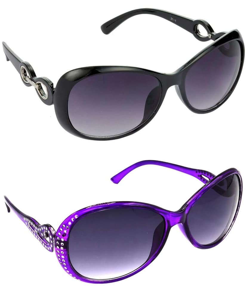 HRINKAR Unisex Over-sized Sunglasses Black & Violet Frame, Grey Lens (Medium) - Pack of 2