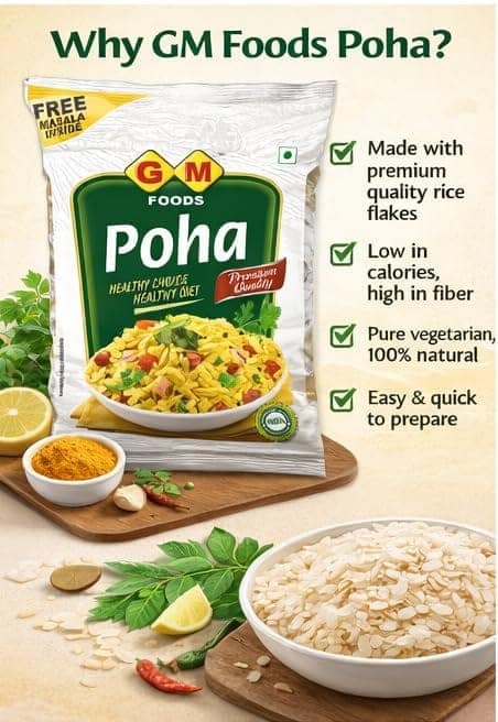 GM Foods Classic Poha, 500g (Masala Inside) Pack 5 | Source of Fibre & Protein | White Thick Poha Healthy Food | Flattened with Rice/Atukulu | No MSG, Artificial Colors & No Preservatives view 2