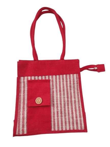 Red and White Striped Jute Tote Bag with Button Closure