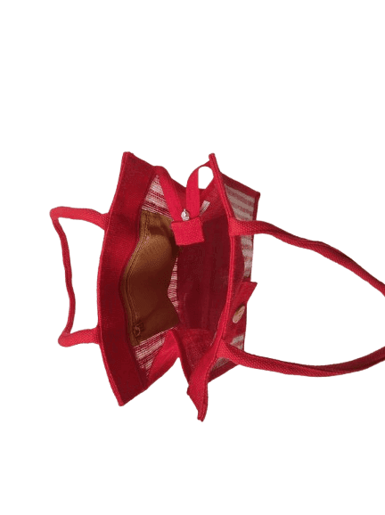 Red and White Striped Jute Tote Bag with Button Closure view 3