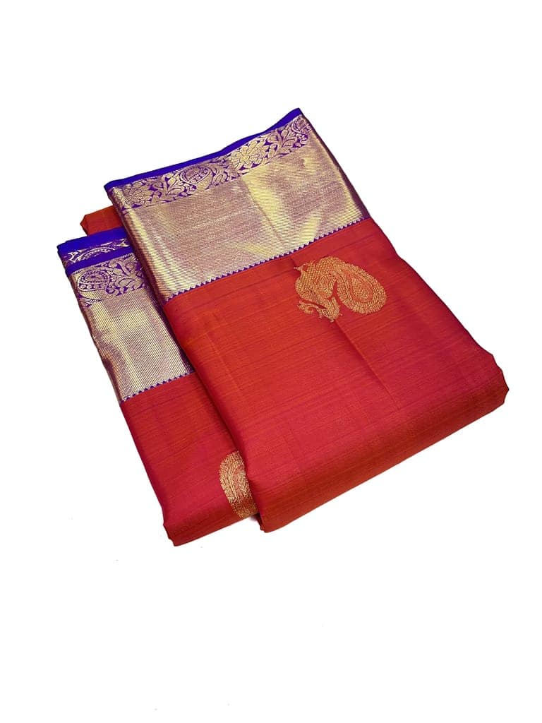 Red with Blue Color Beautiful Peacock Butta Pure Kanjivaram Silk Saree view 3