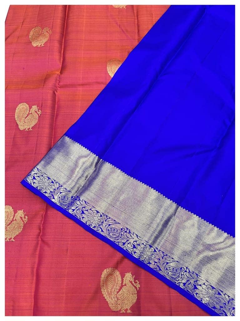 Red with Blue Color Beautiful Peacock Butta Pure Kanjivaram Silk Saree view 4