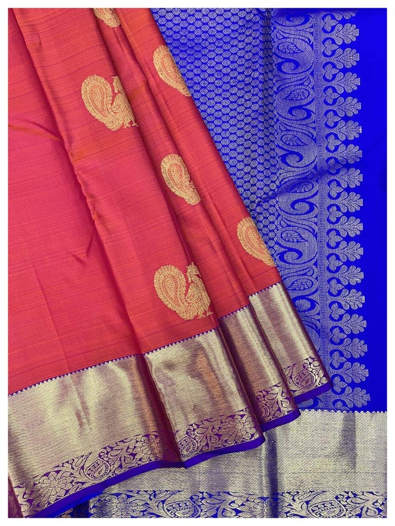 Red with Blue Color Beautiful Peacock Butta Pure Kanjivaram Silk Saree view 5