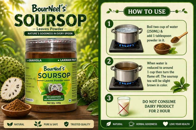 BourNeel's® Soursop Leaves Powder 100gm | No Preservatives | Soursop Graviola Laxman Phal Leaves Powder |Soursop Kadha Tea | view 8