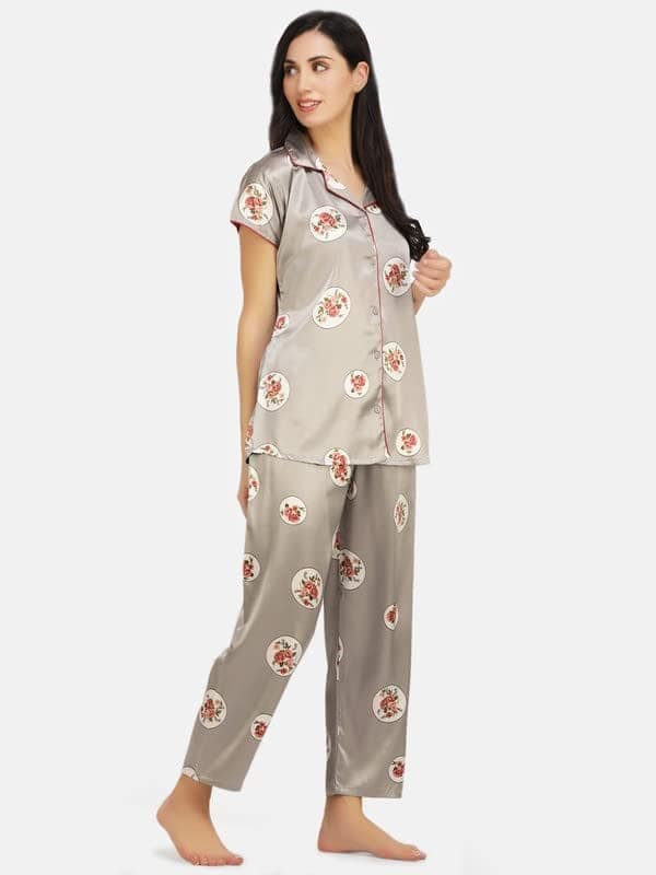 KOI SLEEPWEAR Satin Grey Rose Flowers Nightsuit for Women view 3