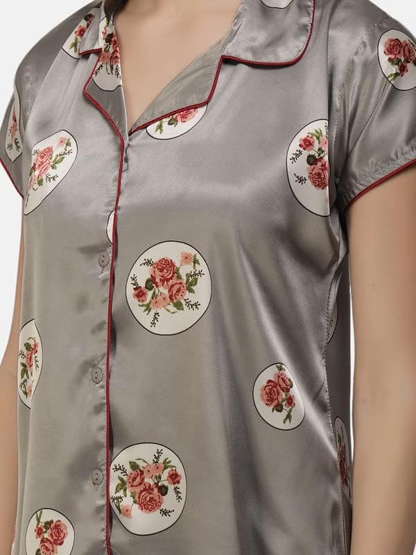 KOI SLEEPWEAR Satin Grey Rose Flowers Nightsuit for Women view 4