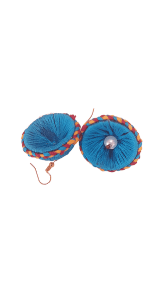 Blue Fabric Flower Earrings with Pearl Center