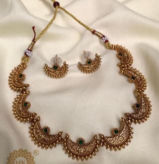 Gold-Toned Crescent Necklace & Earring Set with Green Accents