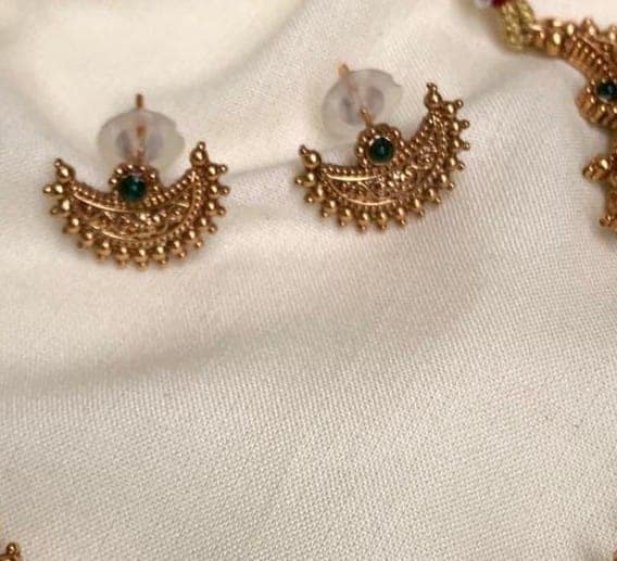 Gold-Toned Crescent Necklace & Earring Set with Green Accents view 3