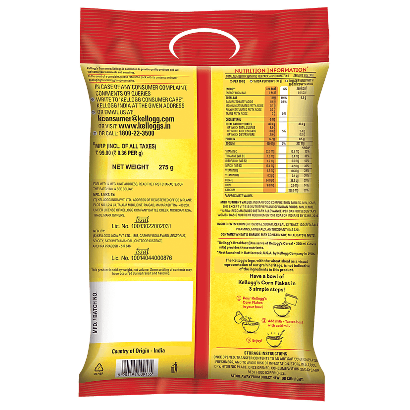 Kellogg's Corn Flakes Original, Power Of 5: Energy, Protein, Iron, Calcium, Vitamins B1, B2, B3 & C, Cornflakes, Breakfast Cereal, 275G view 2