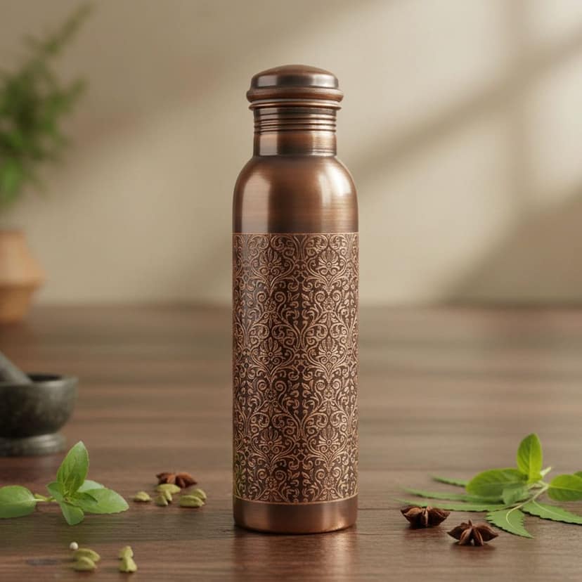 Copper Water Bottle � Handmade Pure Copper Drinking Bottle, Height : 11 Inch (BCMAS195 A)