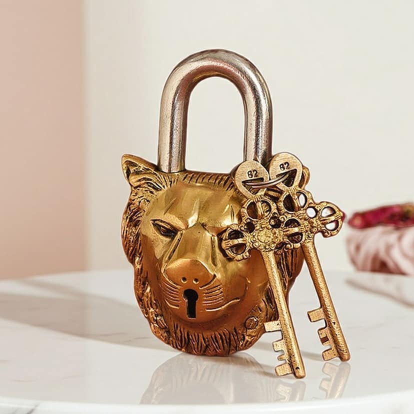 Brass Lion Face Lock - Handcrafted Vintage Style Door Lock with Lion Design, Height : 5.5 Inch (BSMAS1486 D)
