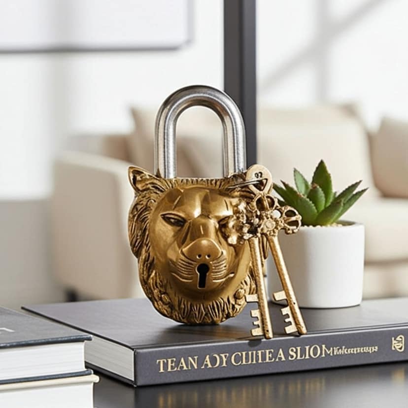 Brass Lion Face Lock - Handcrafted Vintage Style Door Lock with Lion Design, Height : 5.5 Inch (BSMAS1486 D) view 2