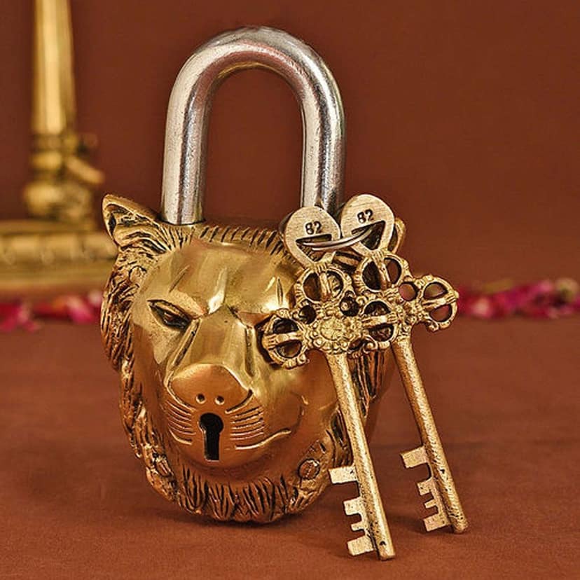 Brass Lion Face Lock - Handcrafted Vintage Style Door Lock with Lion Design, Height : 5.5 Inch (BSMAS1486 D) view 3