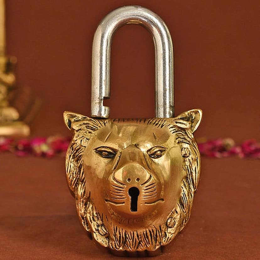 Brass Lion Face Lock - Handcrafted Vintage Style Door Lock with Lion Design, Height : 5.5 Inch (BSMAS1486 D) view 4