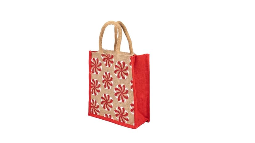 Jute Gift Bag with Red Floral Pattern view 3
