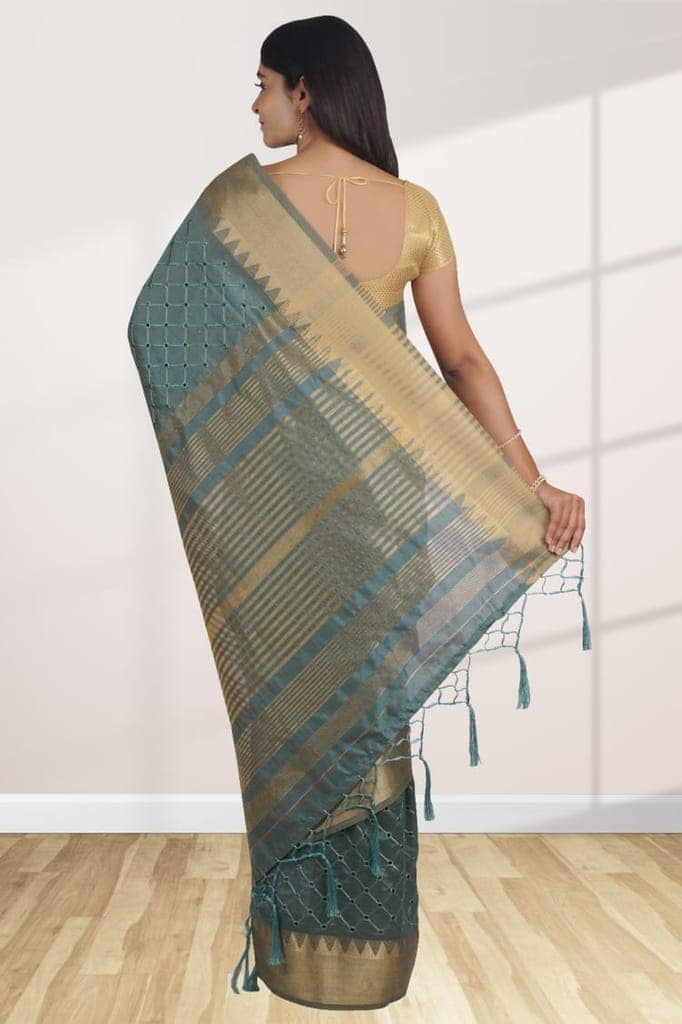 Teal Green Linen Saree with Embellished Design view 2