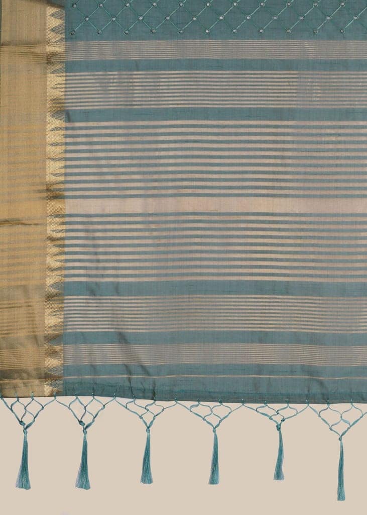 Teal Green Linen Saree with Embellished Design view 4
