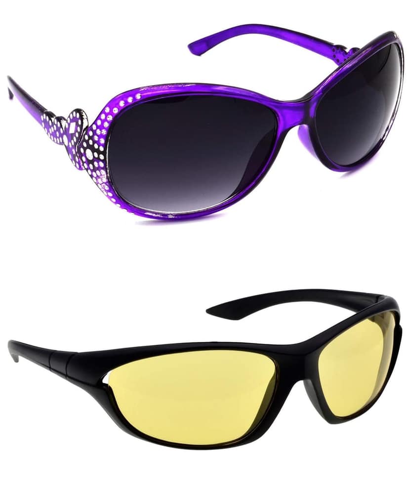 HRINKAR Unisex Round Sunglasses Violet & Black Frame, Grey & Yellow Lens (Medium) - Pack of 2