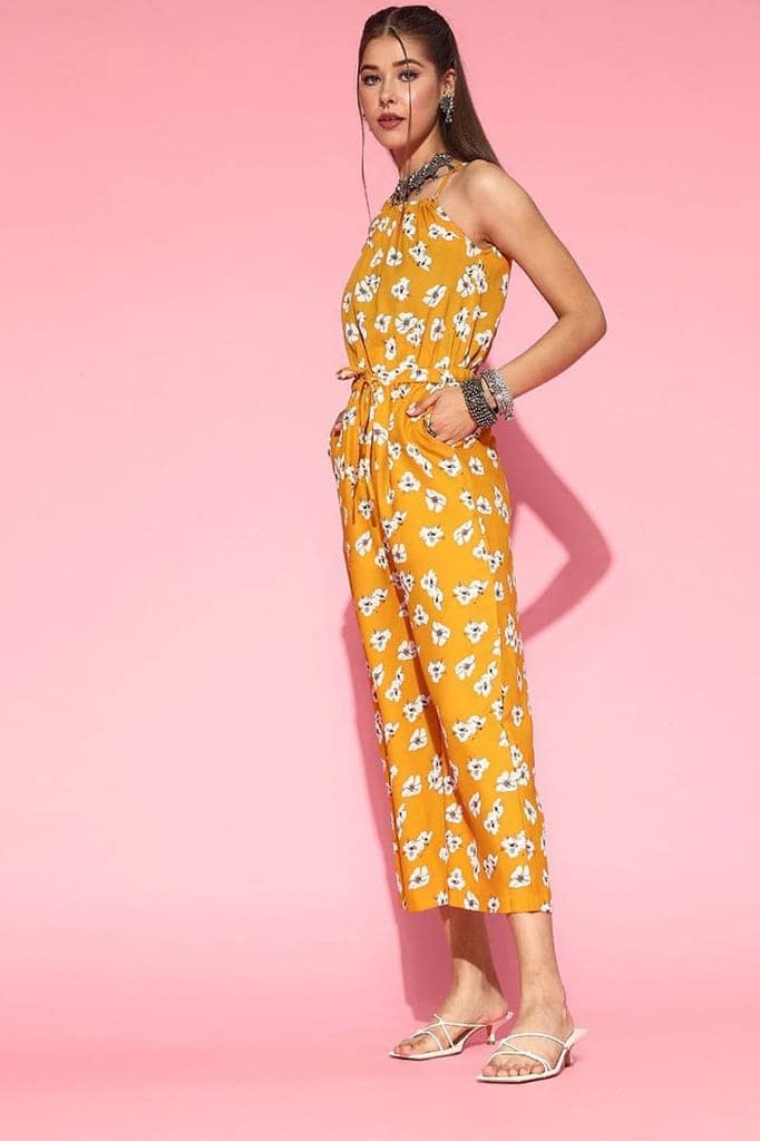Mustard Polyester Sleeveless Floral Print Jumpsuit VJMP1012