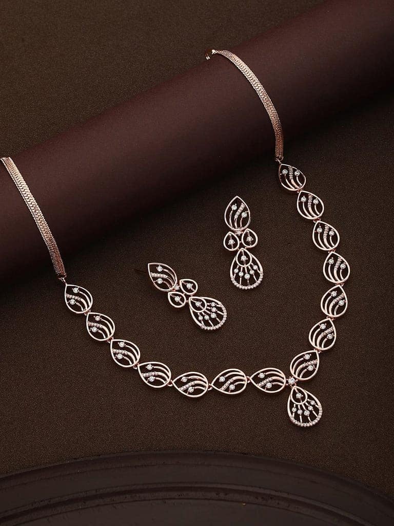 Rose Gold Toned Zircon Studded Minimal Necklace Jewellery Set view 2