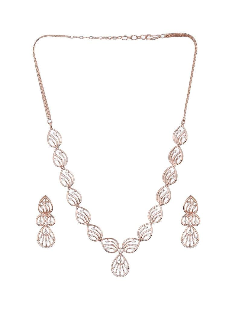 Rose Gold Toned Zircon Studded Minimal Necklace Jewellery Set view 4