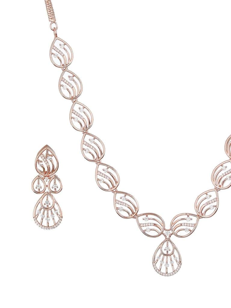 Rose Gold Toned Zircon Studded Minimal Necklace Jewellery Set view 5