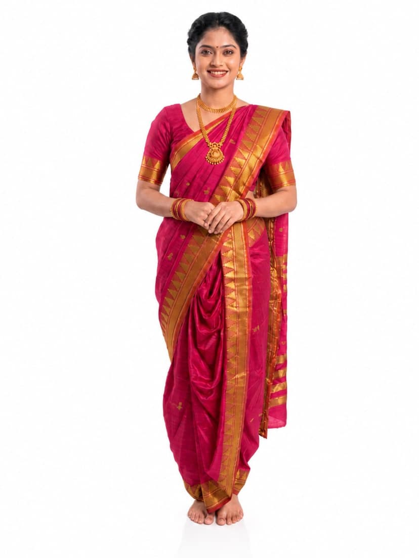 Mom and Me Women Ready to Wear Nauvari Saree, Maharashtrian Peshwai Paithani, 9 Yard Readymade, Acrylic Cotton, Free Size, Traditional Ethnic Saree, with Blouse Piece (Pink)