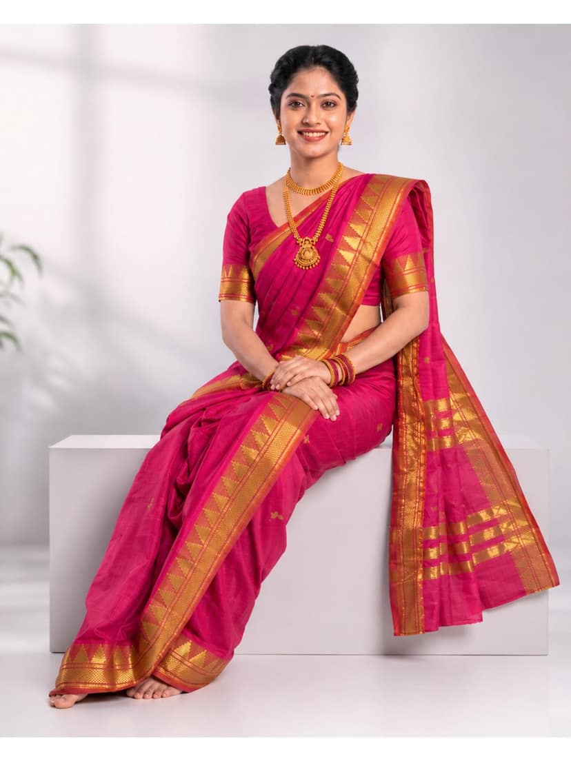 Mom and Me Women Ready to Wear Nauvari Saree, Maharashtrian Peshwai Paithani, 9 Yard Readymade, Acrylic Cotton, Free Size, Traditional Ethnic Saree, with Blouse Piece (Pink) view 2
