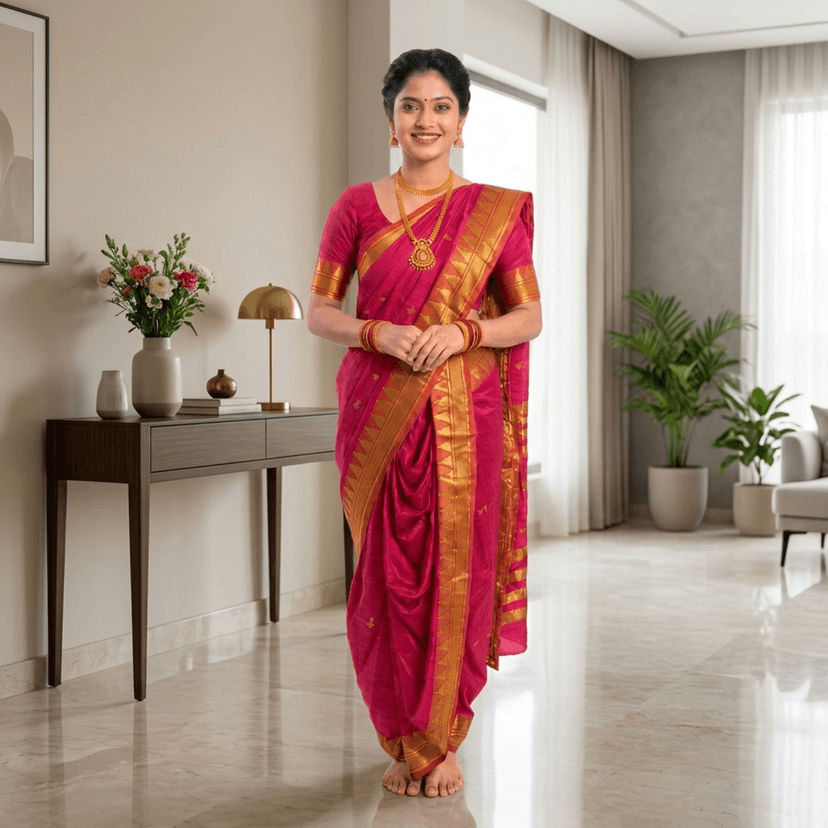 Mom and Me Women Ready to Wear Nauvari Saree, Maharashtrian Peshwai Paithani, 9 Yard Readymade, Acrylic Cotton, Free Size, Traditional Ethnic Saree, with Blouse Piece (Pink) view 3