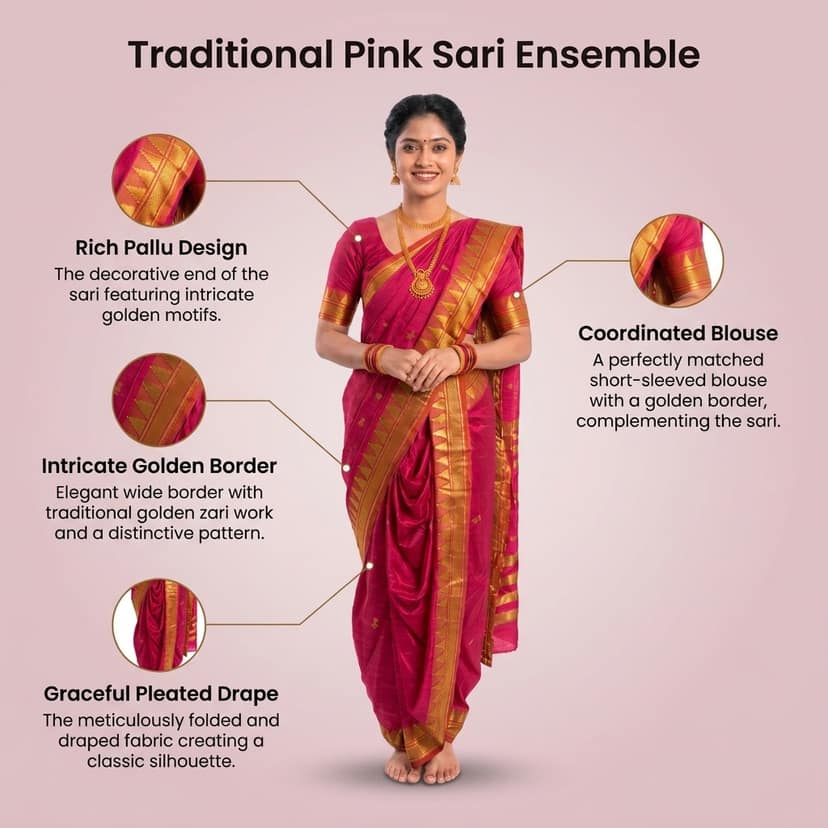 Mom and Me Women Ready to Wear Nauvari Saree, Maharashtrian Peshwai Paithani, 9 Yard Readymade, Acrylic Cotton, Free Size, Traditional Ethnic Saree, with Blouse Piece (Pink) view 4