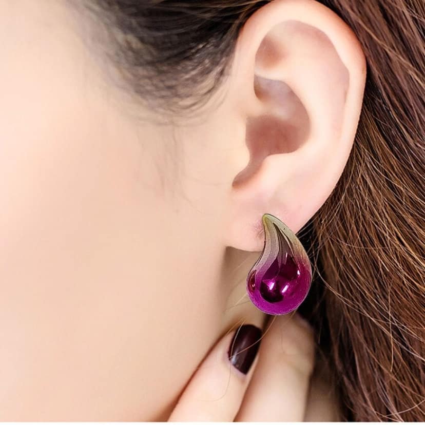 Dual Metallic Colored Chunky Tear Drop Fashion Jewelry Earrings For Women & Girls - Dark Pink Gold view 4