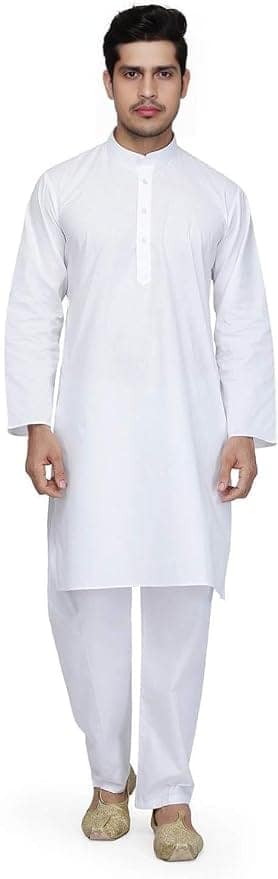 Ukal Indian Cotton White Kurta Pajama Set for Men's and Boy's view 4
