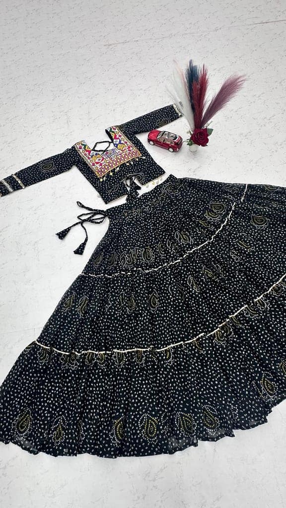 Black Bandhani Printed Georgette Lehenga Choli Set for Navratri | Traditional Gamthi & Codi Mirror Work Chaniya Choli for Garba | Full Flare Tiered Skirt with Embroidered Crop Blouse view 7