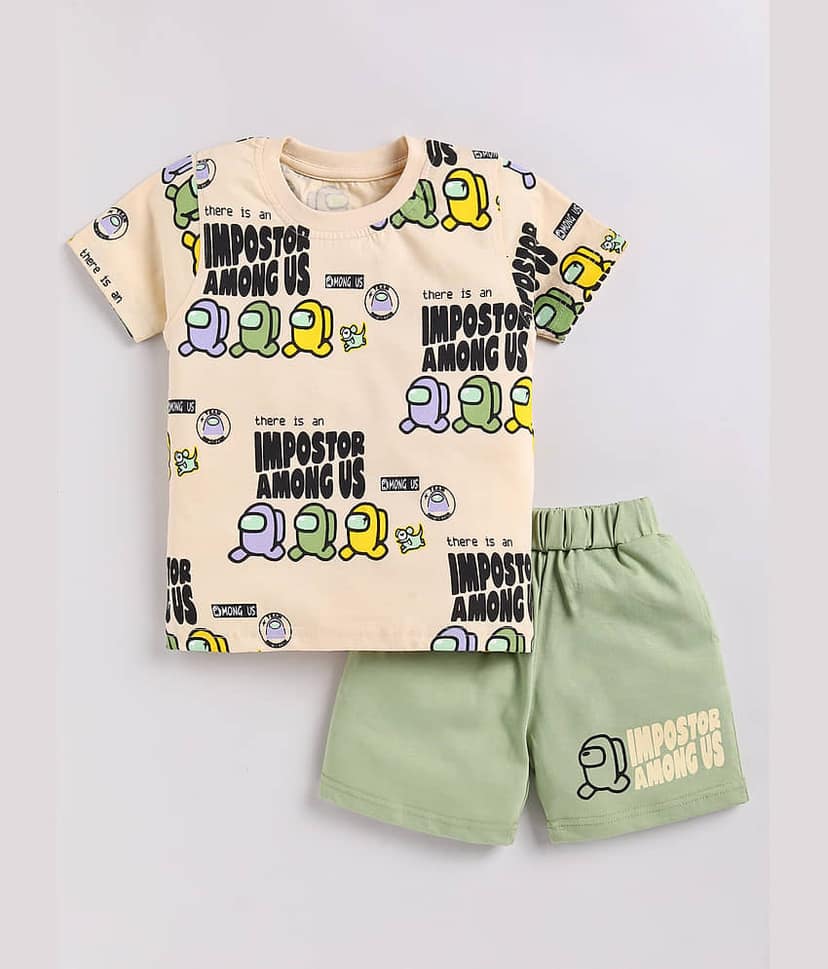 CUTOPIES Pack of 1 Boys Cotton T-Shirt & Shorts Set ( Beige )