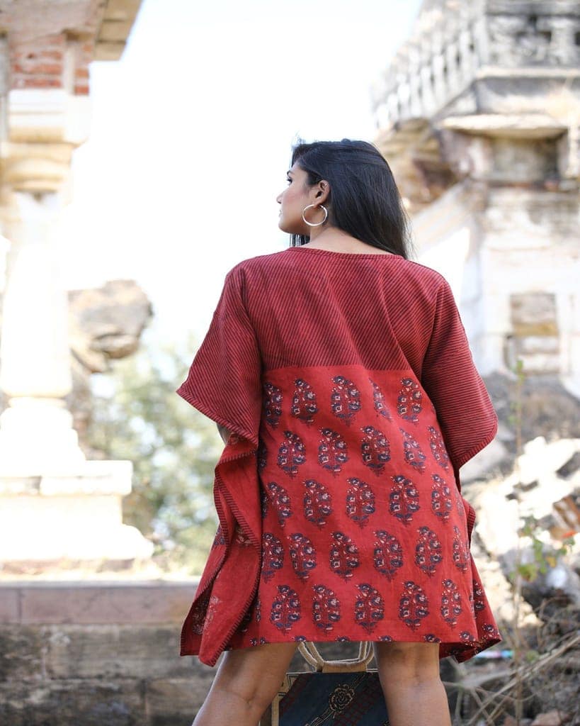 Red Handwoven Cotton Linen Short Handprinted Caftan view 4