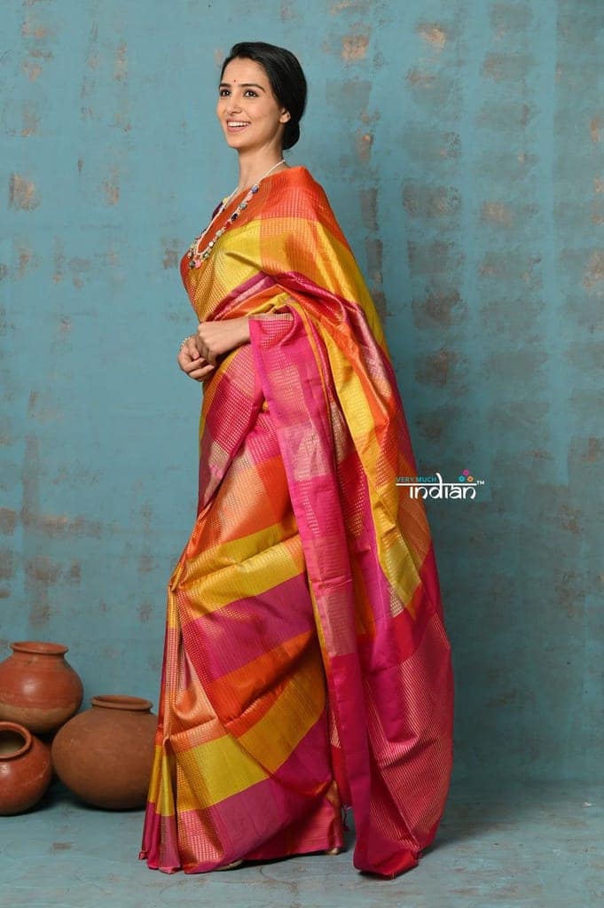 Anokhi ~ Handloom Pure Soft Silk Saree with Designer Pallu ~ Multi Color Yellow & Pink (Limited Edition) view 2