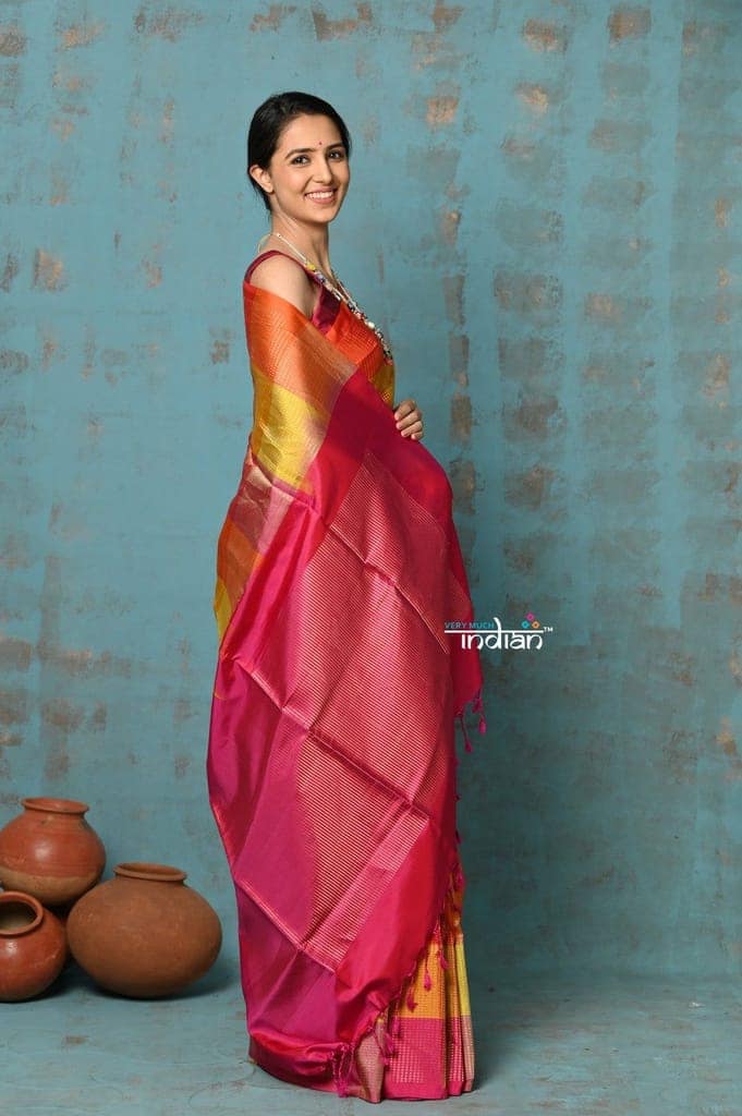 Anokhi ~ Handloom Pure Soft Silk Saree with Designer Pallu ~ Multi Color Yellow & Pink (Limited Edition) view 3