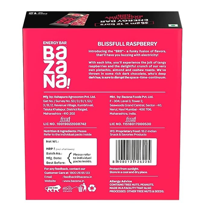 Bazana Raspberry Energy Bars (BRB) - Experience the Perfect Blend of Health and Delight with Healthy & Delicious Snack Bars (38g x 12) for an Invigorating Snacking Experience! view 4
