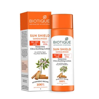 Biotique Bio Sandalwood 50+ SPF UVA/UVB Sunscreen Ultra Soothing Face Lotion Water Resistant, 190ml Biotique Bio Sandalwood 50+ SPF UVA/UVB Sunscreen Ultra Soothing Face Lotion Water Resistant, 190ml - Body lotion 190ml / 190 ml (Pack of 1)