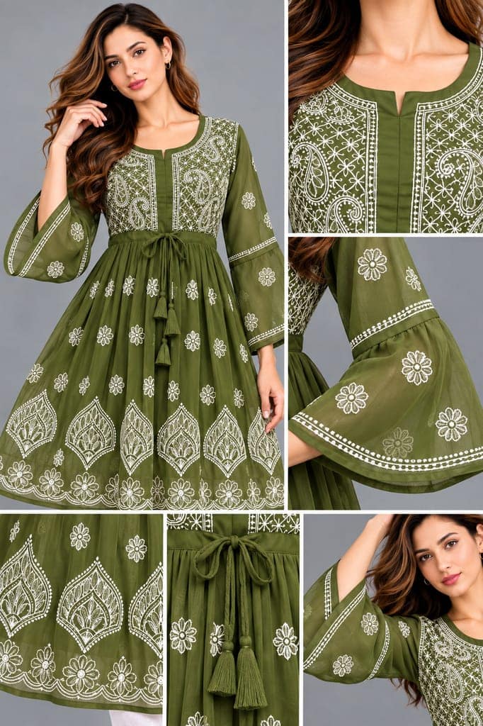 Mrs Right Women’s Short Georgette Gown Frock with Handcrafted Lucknowi Chikankari Embroidery | Umbrella Sleeves | Adjustable Waist Belt | Thigh Length view 2
