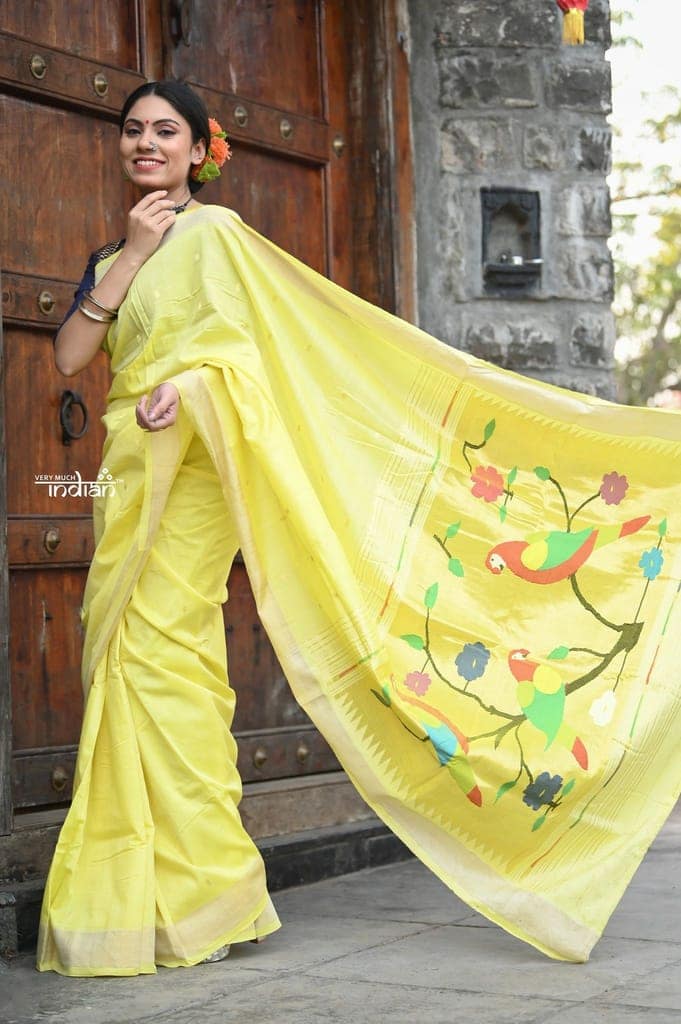 Raaga~ Traditional Handloom Pure Cotton Fresh Yellow Paithani with Parrots Pallu view 2