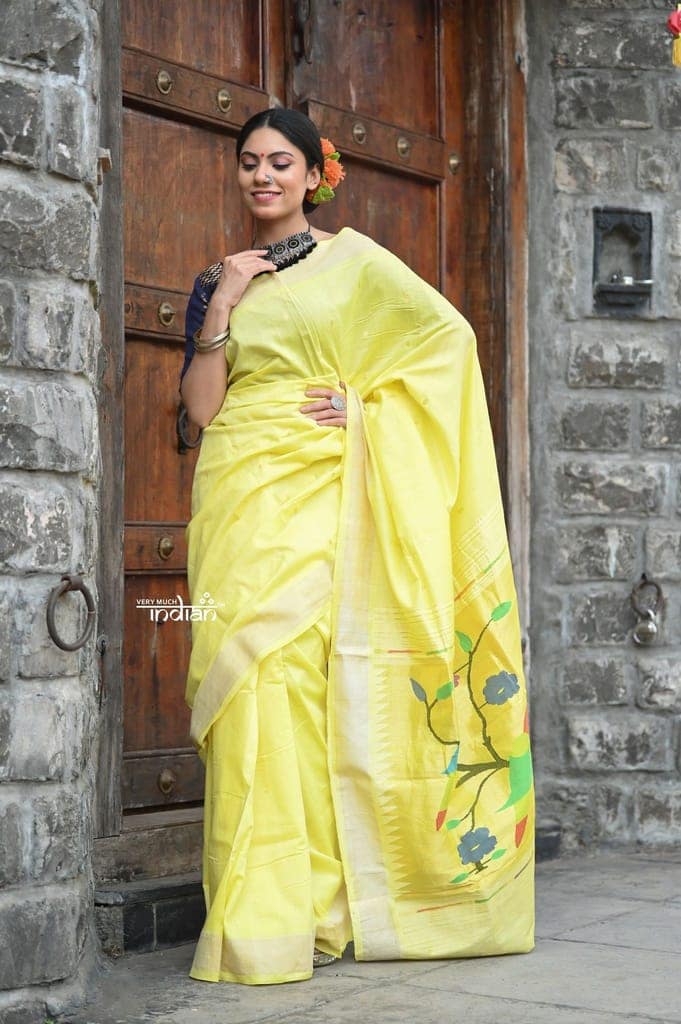 Raaga~ Traditional Handloom Pure Cotton Fresh Yellow Paithani with Parrots Pallu view 9