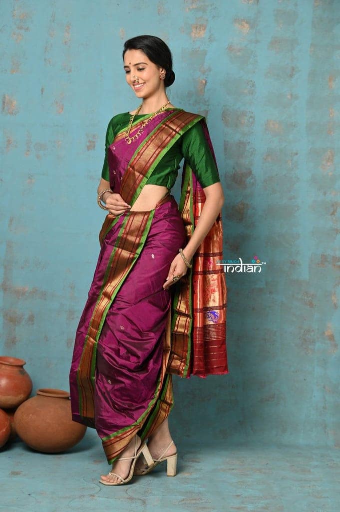 Tyohaar ~ Authentic Pure Silk Handloom Nauvari Paithani Saree in Magenta with Green Border view 2